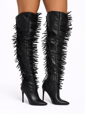 Azalea Wang Katrice Black Fringe Thigh High Boots Stiletto Multiple Sizes